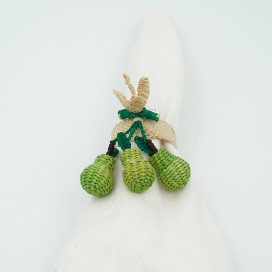 Head on view of woven 3-pear napkin ring.