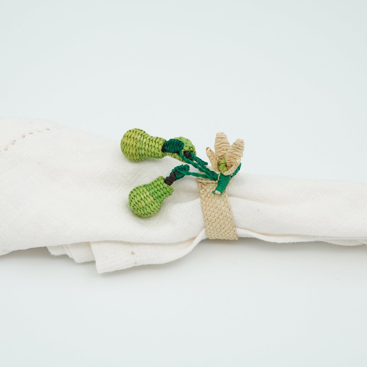 Side view of woven 3-pear napkin ring.