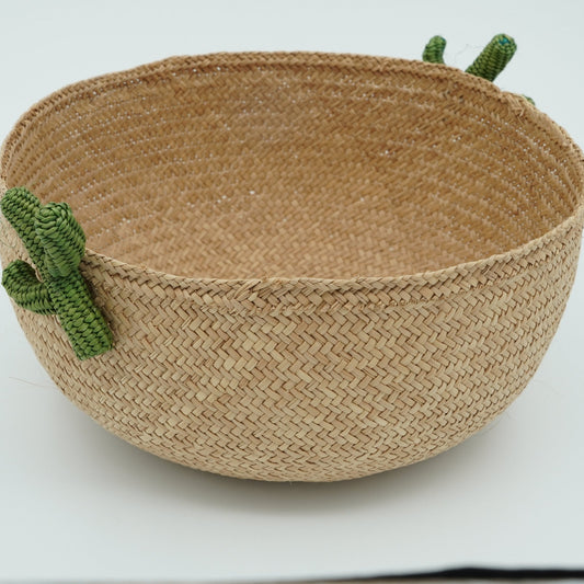 Head on view of woven basket with cactus on the side.