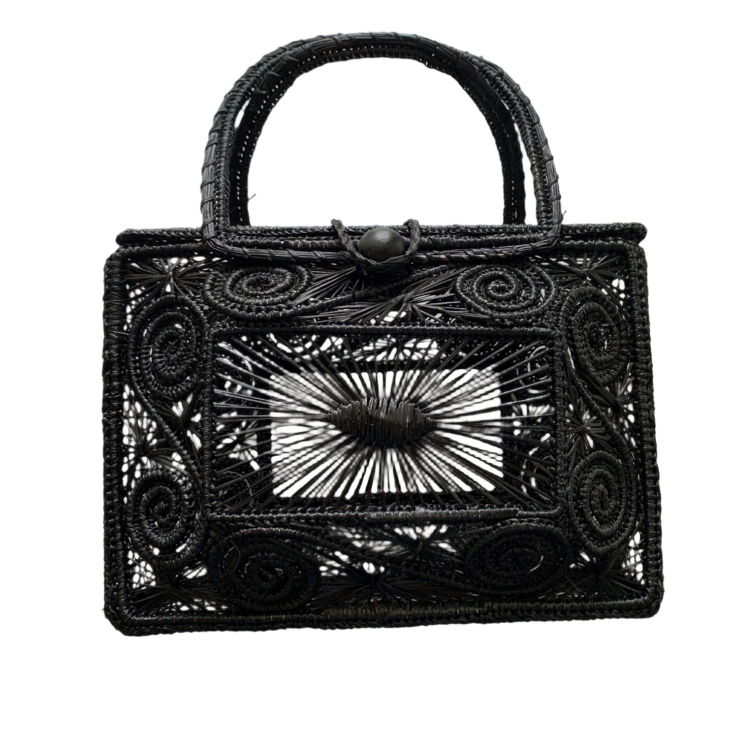 Head on view of woven black lunchbox purse.