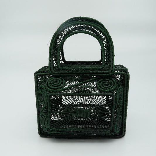 Direct view of woven green lunchbox purse.