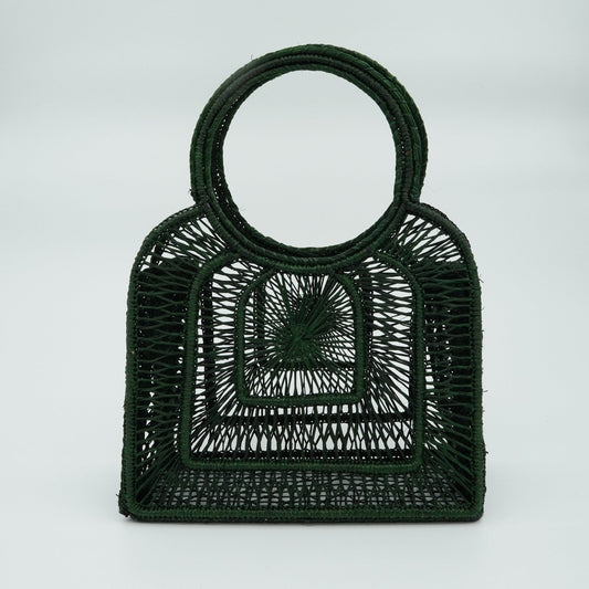 Head on view of green woven mini purse.
