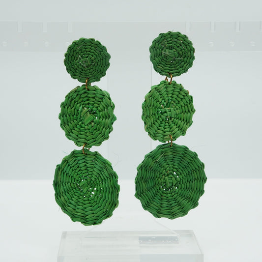 Green woven three circle earrings.