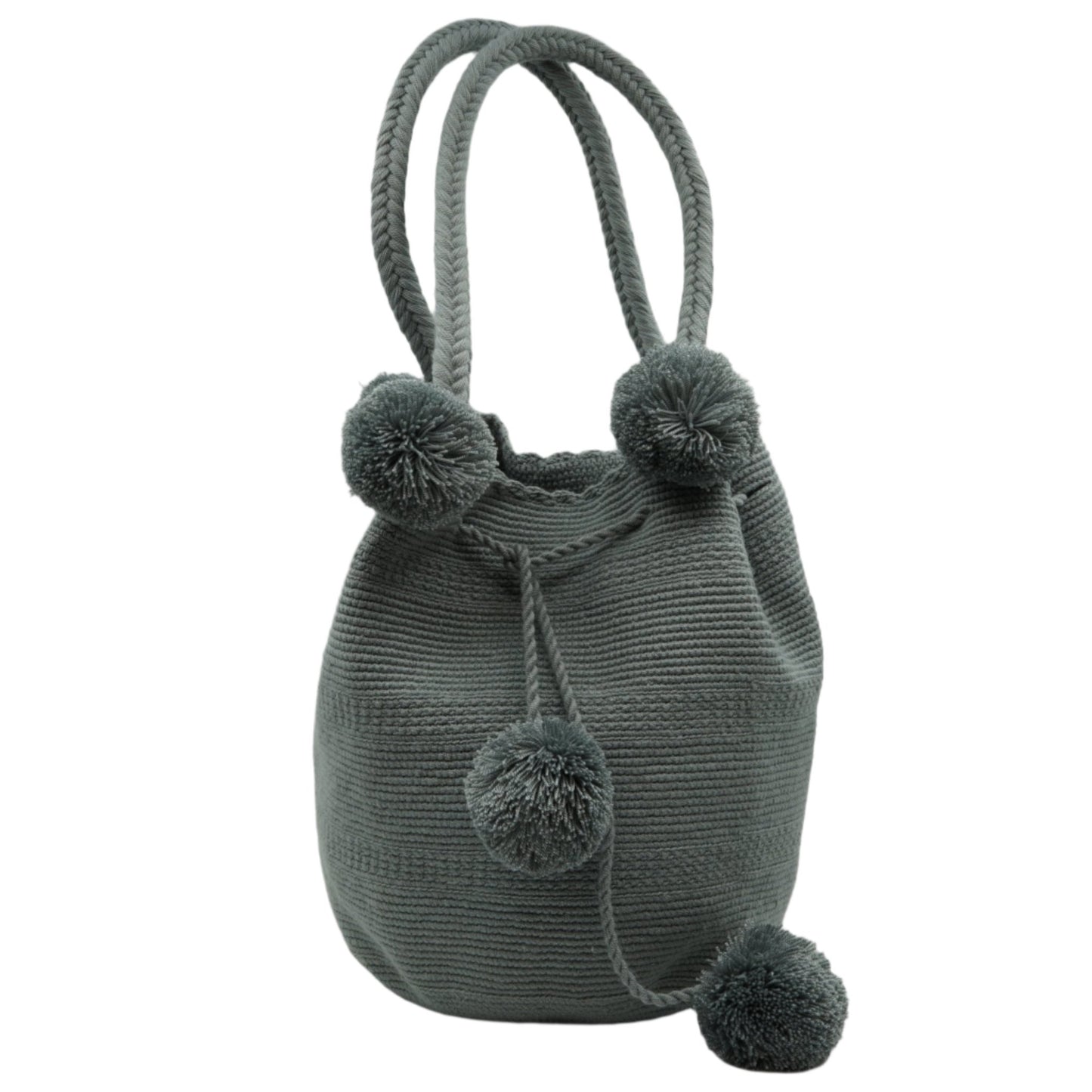 Large gray mochila woven handbag with pompoms.
