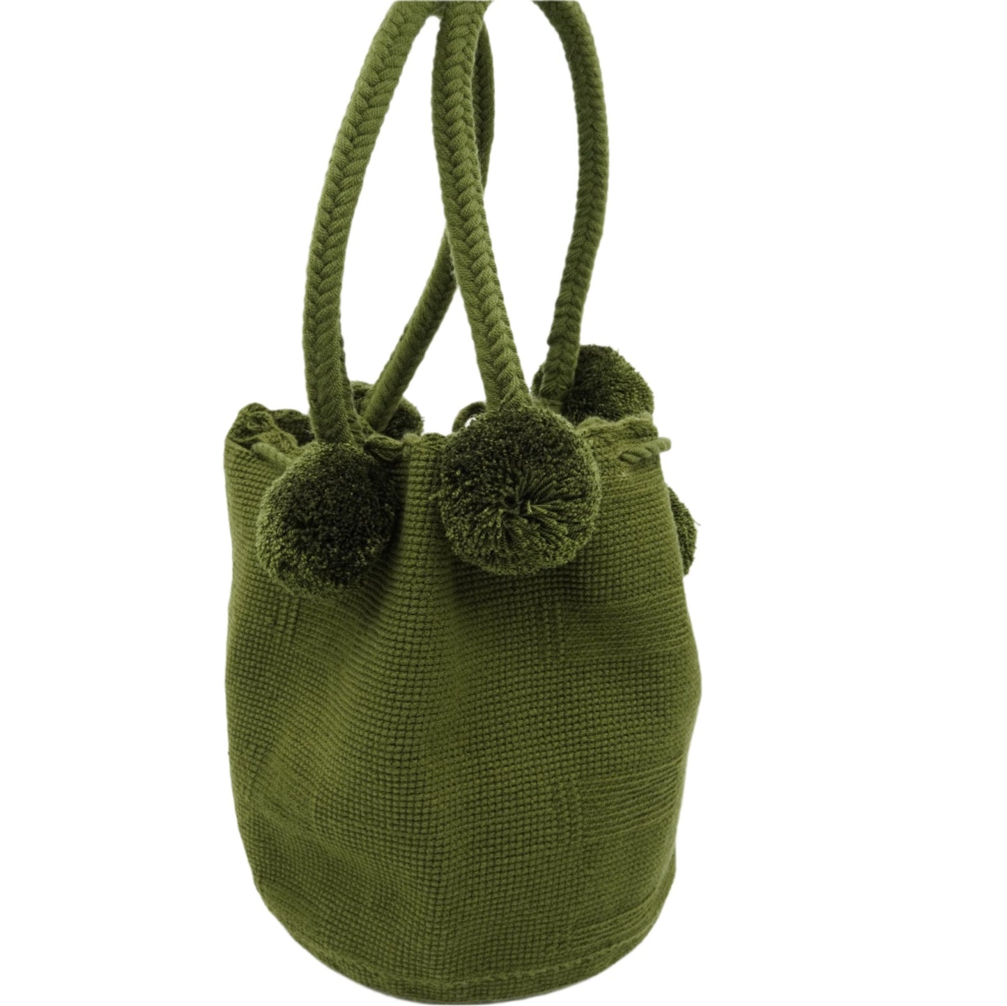 Large green mochila woven handbag with pompoms.