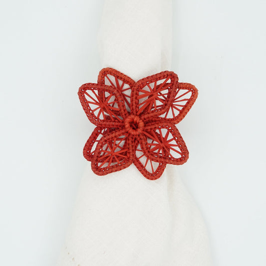 Overhead view of woven poinsettia napkin ring.