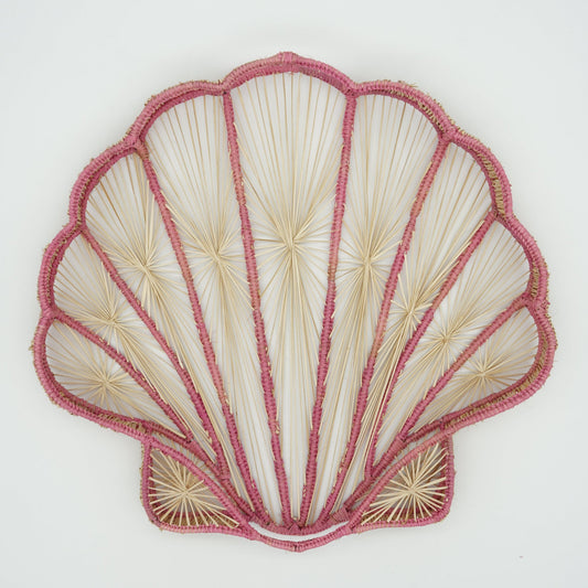 Overhead view of woven shell tray.