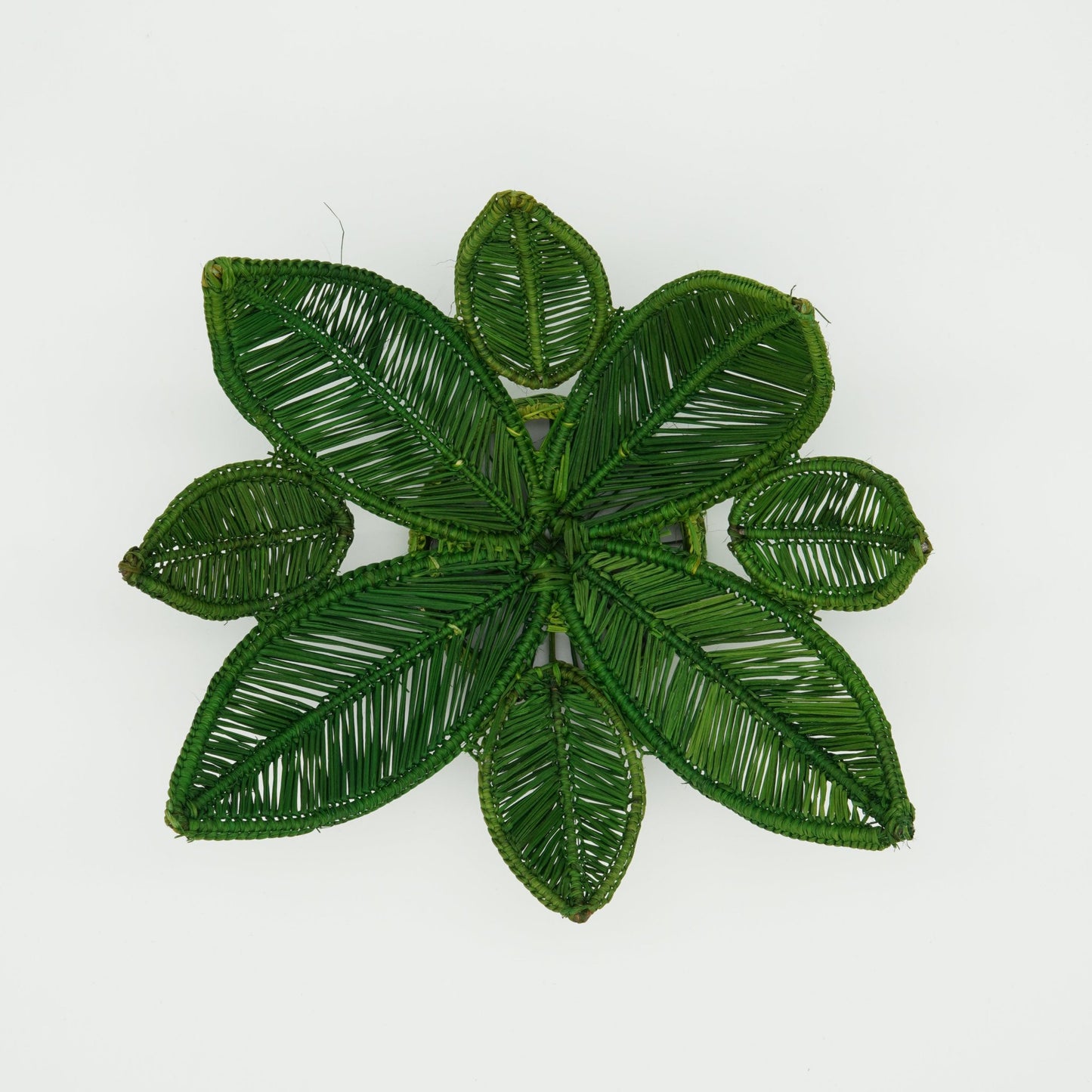 Overhead view of small leaves woven basket.