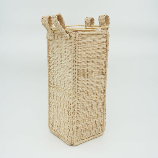 Head on view of solid square woven wine basket.
