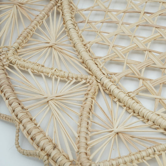 Close up view of woven natural triangle border placemat.