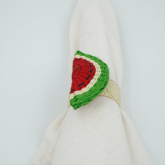 Head on view of woven watermelon napkin ring.