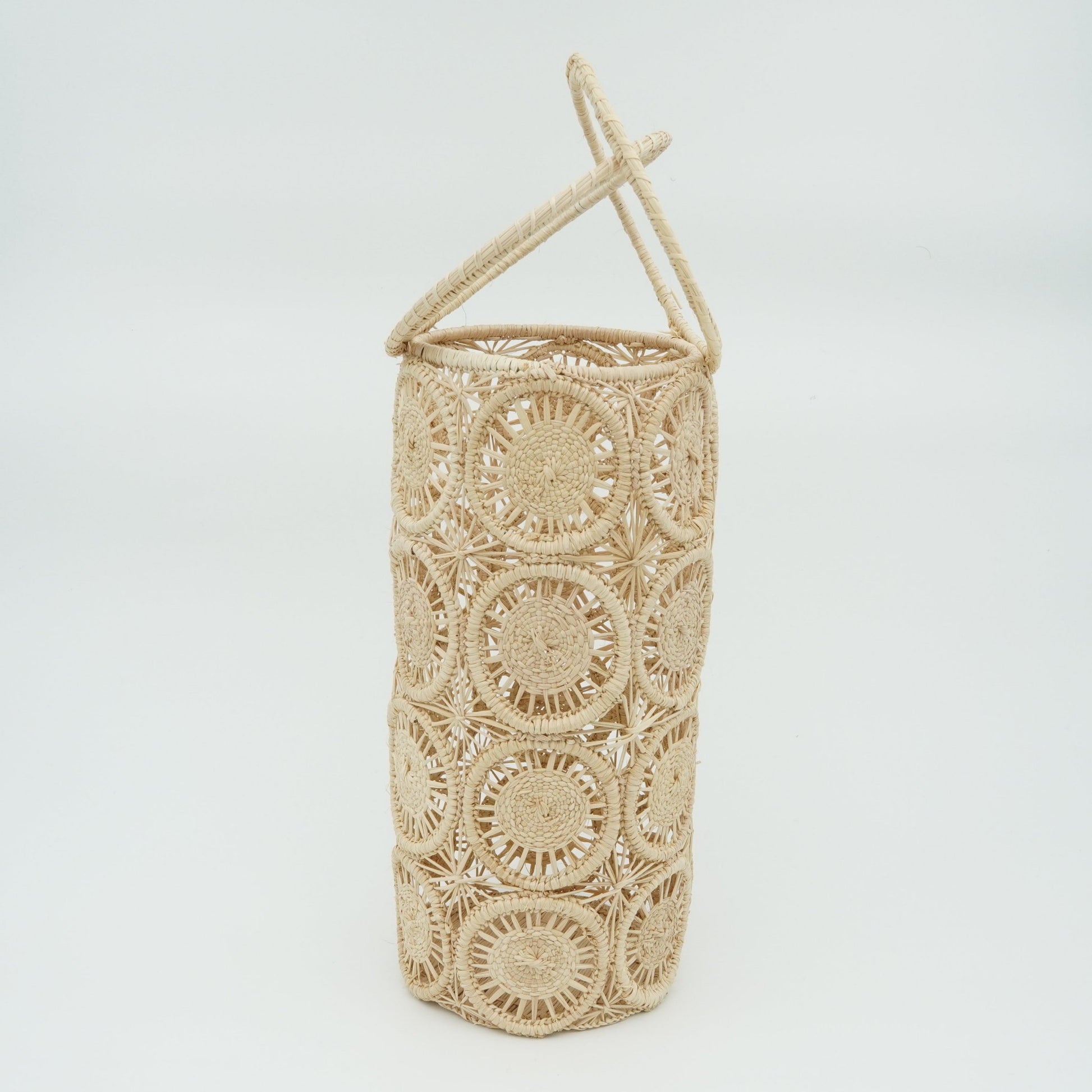 Head on view of circles round woven wine basket.