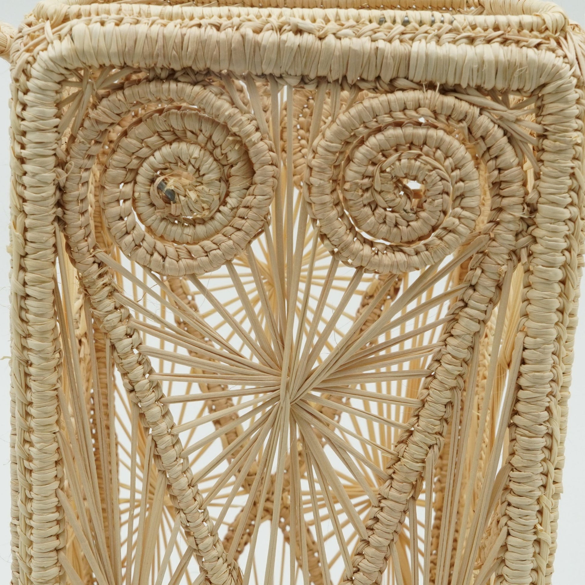 Close up view of heart square woven wine basket.